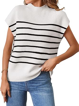 MEROKEETY Women's 2024 Sleeveless Mock Neck Striped Sweater Vest Cap Sleeve Ribbed Knit Pullover Tank Tops