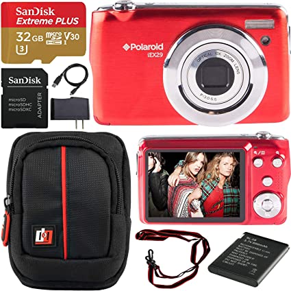 Polaroid iEX29 18MP 10x Optical Zoom Compact Digital Camera (Red) with 720p HD Video Movie Recording Bundle with Deco Gear Camera Bag Case   SanDisk 32GB Extreme Plus MicroSDHC Memory Card w/Adapter