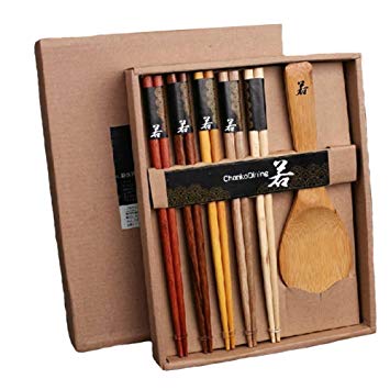 Kylin Express 5 Pairs Japan Wooden Chopsticks Reusable Chop Stick with Case Natrural Wood