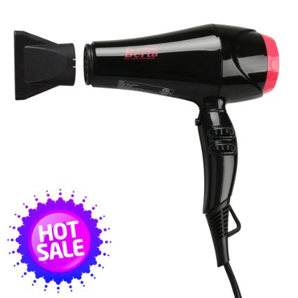 Berta 1875W Negative Ion Hair Blow Dryer with 2 Speed and 3 Heat Setting, Black