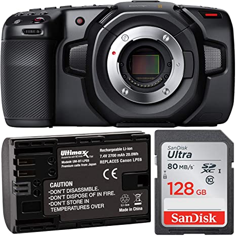 Blackmagic Design Pocket Cinema Camera 4K with Starter Accessory Bundle – Includes: SanDisk Ultra 128GB SDXC Memory Card (80MB/s) & Extended Life LP-E6 Replacement Battery (7.4V / 2700mAh / 20.0Wh)