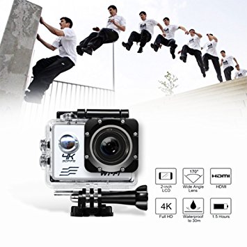 Action Camera 4K Ultra HD WiFi Sports Camera 16MP 170 Degree Wide Angle 2.0 Inch Waterproof Diving Camera with 2 Batteries and 19 Accessories Kit Included Silver