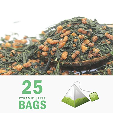 Tealyra - Gen Mai Cha Supreme Japanese - 25 Tea Bags - Organically Grown - Genmaicha Green Tea with Brown Roasted Rice - Caffeine Level Low - Loose Leaf - Pyramids Style Sachets