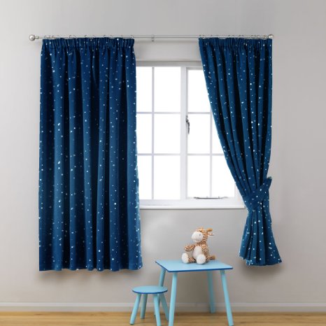 H.Versailtex Pattern Printed Pencil Pleat Pair Light Reducing Microfiber Curtains, Thermal Insulated & Heating Against, Blackout Navy with Silver Stars kids Pattern 54 by 46 inch
