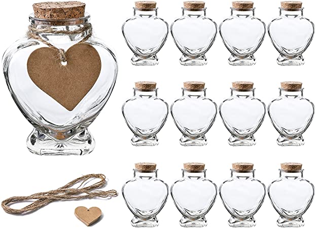 Whole Housewares 5 OZ Heart Shaped Glass Favor Jars with Cork Lids,Glass Wish Bottles with Personalized Heart Shaped Label Tags and String Set of 12
