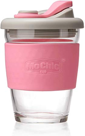 MOCHIC CUP Glass Travel Mug with Lid Reusable Coffee Cup Dishwasher and Microwave Safe Portable Durable Drinking Tumbler Eco-Friendly and BPA-Free (Pink,12 OZ)