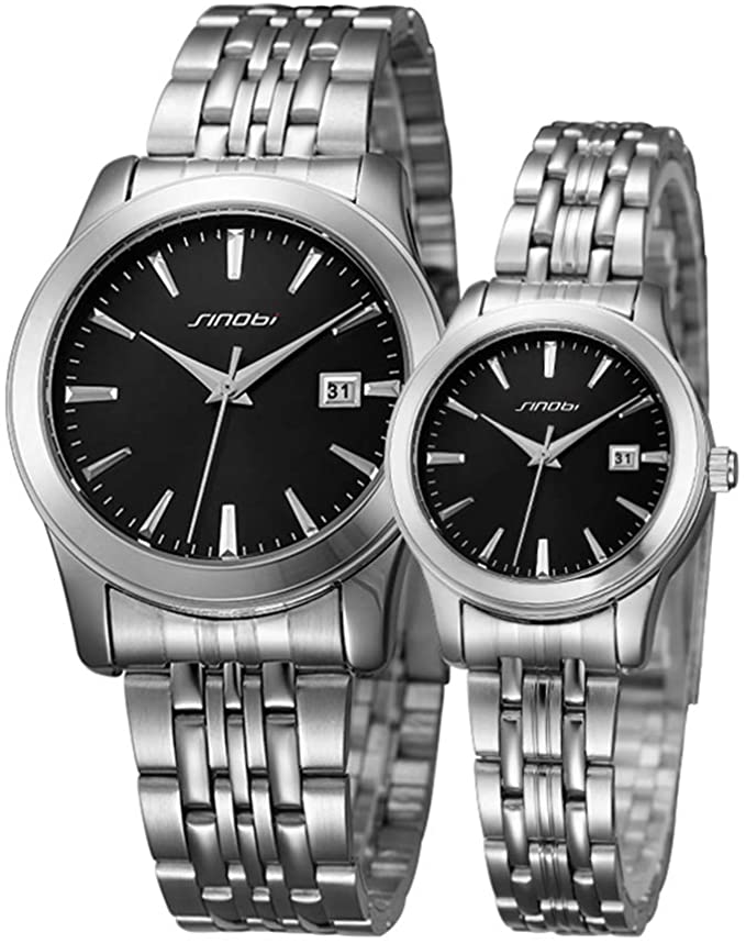 SINOBI 2 Pcs Watches for Couple Lovers Men's Lady Women Black Quartz Wrist Watch Watches Gifts Set