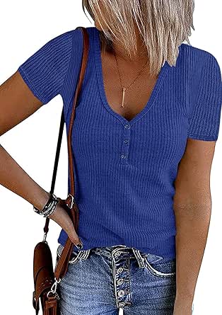 MEROKEETY Women's Short Sleeve V Neck Ribbed Knit Button T Shirts Henley Solid Color Summer Tops