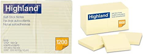 Highland Sticky Notes, 4x6 in, Yellow, 12 Pack (6609) & Highland Sticky Notes, 3 x 3 Inches, Yellow, 18 Pack (6549-18)