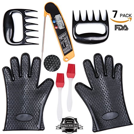 BBQ Grill Oven Set 2 Silicone Oven Glove Heat Resistant 1 Digital Cooking Thermometer 2 Meat Shredder Claws 2 Silicone Basting Brush For BBQ Accessories Grill Outdoor Cooking