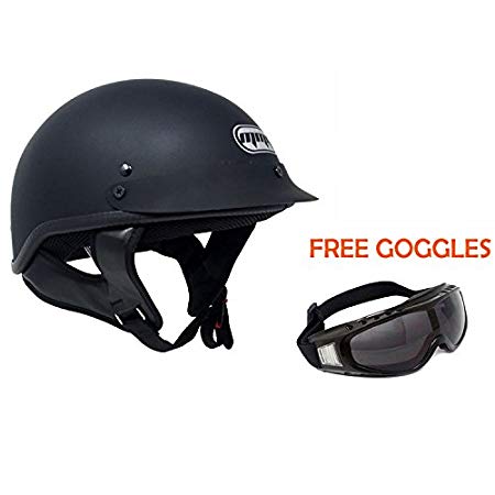 Motorcycle Half Helmet Cruiser D O T Street Legal – Flat Matte Black (X-Large)   FREE Smoked Riding Goggles