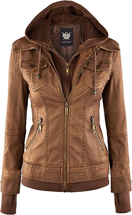 Lock and Love Women's Removable Hooded Faux Leather Jacket Moto Biker Coat