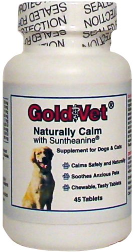 Gold Vet Naturally Calm with L-Theanine. Relieve Aggressive Behavior Caused by Stress or Fear. Helps Dogs Cope with Separation Anxiety, Loud Noises, Car or Airplane Rides or other Stressful Situations. Relief of Nervous Behavior. 45 Delicious Chewable Tablets per Bottle. FREE SHIPPING!