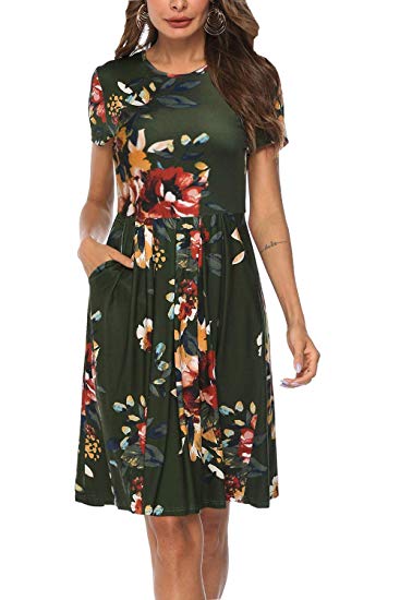 Kranda Women Long/Short Sleeves Round Neck Pleated Loose Swing Floral Midi Dress with Pockets