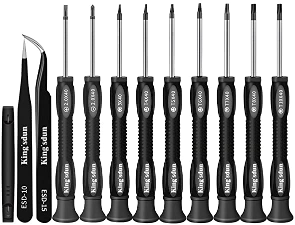 Kingsdun 12 in 1 Torx Screwdriver Sets with T3 T4 T5 T6 T7 T8 T10 Star & 2.0 Phillips Slotted Magnetic Screwdriver, Stainless Steel Tweezers,Repair Tool Kit for Phone/Mac/Computer Repairing/Xbox PS4