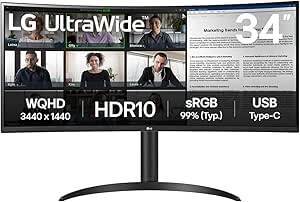 LG Electronics Curved UltraWide Monitor 34WR55QK, 34 inch, 1440p, 100Hz, 5ms Response Time, VA Panel, Smart Energy Saving, USB-C (65W Power Delivery), Displayport, HDMI