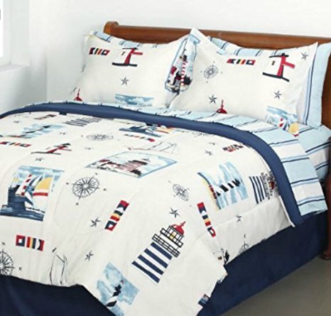 Blue Red Lighthouse Beach Nautical Twin Comforter Set (6pc Bed in a Bag)