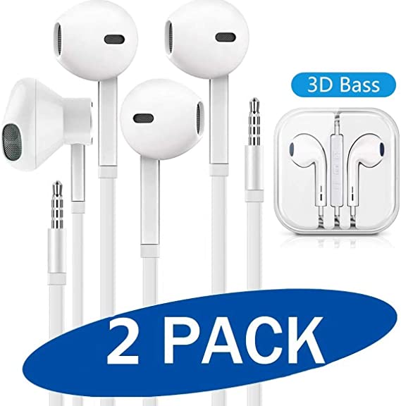 Headphones/Earphones/Earbuds,3.5mm aux Wired Headphones Noise Isolating Earphones Built-in Microphone & Volume Control Compatible iPhone iPod iPad Android/MP3 MP4 (2PACK-White)
