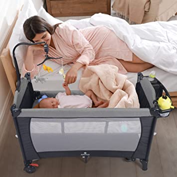 Baby Bassinet Bedside Crib, Bedside Sleeper for Baby, 4-in-1 Portable Crib with Washable Sheets, Playards Easy Folding, Playpen Include Thicken Mattress, Diaper Changer, Storage Basket for Baby Infant