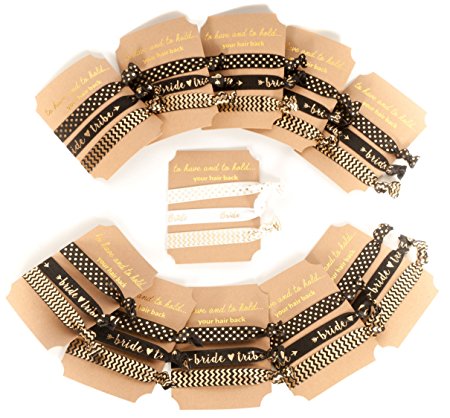 Bride and Bride Tribe Bachelorette Party Hair Ties in Black and Gold (11 Piece Set)