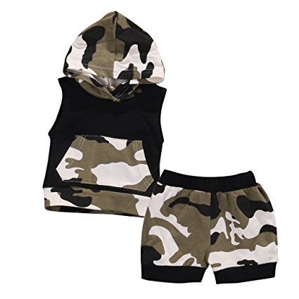 Baby Boys Girls 2pcs Outfit Camo Hooded Vest T Shirt Tops with Pocket  Shorts Set