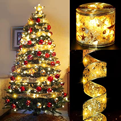 Christmas Ribbon Fairy Lights, Christmas Ribbon Light for Tree, 50 LED Gold Christmas Lights Battery Operated, Christmas Tree Ribbon Garland Bows Fairy Strings Lights for Christmas