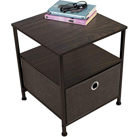 Sorbus Nightstand 1-Drawer Shelf Storage- Bedside Furniture & Accent End Table Chest for Home, Bedroom, Office, College Dorm, Steel Frame, Wood Top, Easy Pull Fabric Bins (Brown)