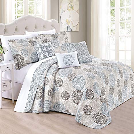 Home Soft Things Serenta 6 Piece Marina MDLN Printed Microfiber Quilts Coverlet Set, Oversize King, Cameo Blue
