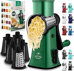 Zulay Rotary Cheese Grater 5 Blade Cheese Shredder - Manual Hand Crank Cheese Grater With Reinforced Suction & 5 Interchangeable Drums - Easy to Use Vegetable Chopper - Jade Night