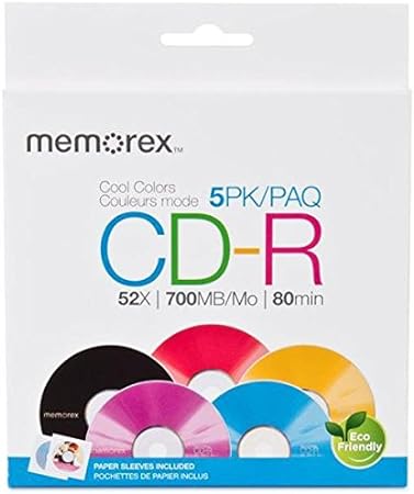 Memorex Cool Colors CD-R Discs with 52x Recording Speed and 700 MB in Paper Sleeves (5-Pack)