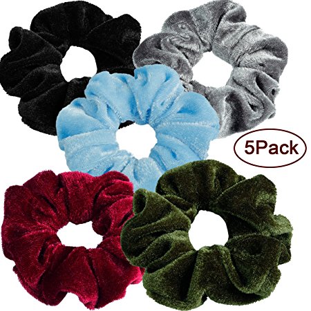 Velvet Scrunchies Hair Ties - Colorful Velvet Scrunchy Bobbles Elastic Hair Bands Ties, Premium Quality Accessories for Women and Girls 5 colors ( 5 Pack )