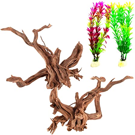 kathson Natural Aquarium Driftwood, Spider Wood Assorted Tree Trunk Reptiles Branches Fish Tank Ornament Decoration with Plastic Aquatic Plants 4 PCS