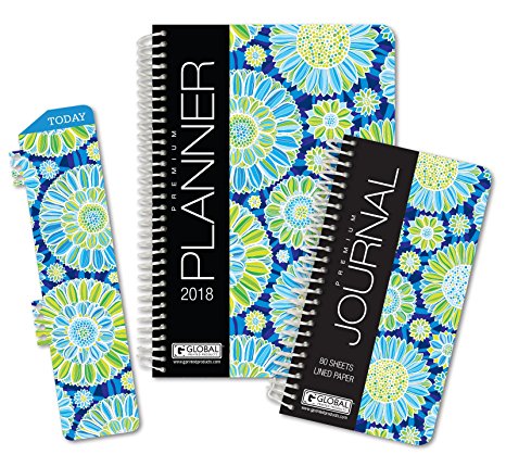 HARDCOVER Fashion Daily Planner Set - Includes 13 Month 2018 Calendar Year (5.5" x 8") with Monthly Tabs -- Bonus Clip-in Bookmark -- 3.5" x 6.5" Bonus Journal [Blue Green Flowers]