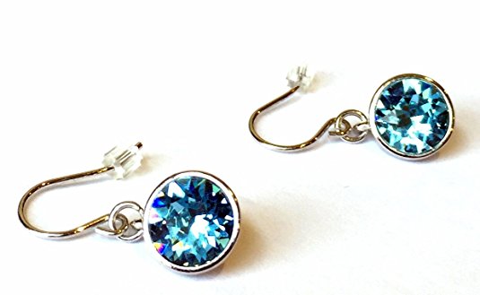 UPSERA “Blue Ocean Sky” Round Dangle Hook Earrings made with Swarovski crystals, Aquamarine Pierced earrings with Lock, Hypoallergenic jewelry gift for women, Gift bag included