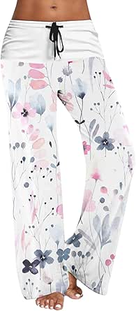 Causal Pants for Women High Waist Trousers with Pockets Flowy Smooth Drawstring Pants Dressy Blooming Flowers Print