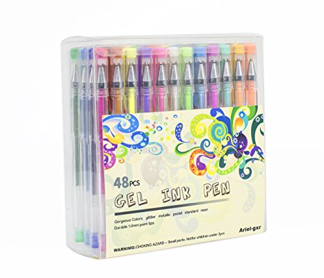 Gel pen set,Ariel-gxr 48 packs glitter gel pens,non-toxic,ergonomic design Long Lasting Ink - Metallic, Glitter, Neon, WaterChalk