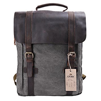 S-ZONE Updated Double Zipper Version Unisex Vintage Canvas Genuine Leather Travel School Bag 15.6 Laptop Backpack Rucksack Daypack (Grey)