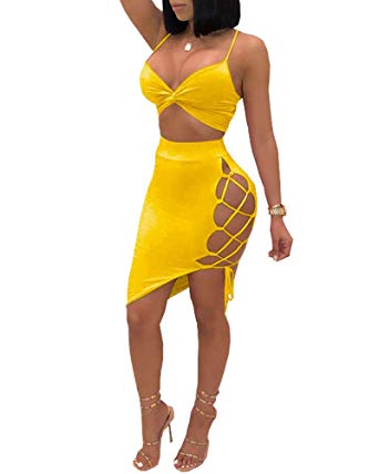 Kaximil Women's Sleeveless Sexy Club Party Bandage Dresses Spaghetti Strap Two Piece Clubwear Crop Top   Lace Up Skirt