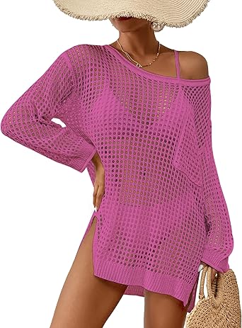 Bsubseach Crochet Cover Up for Swimwear Women Pool Swimsuit Coverup Long Sleeve Beach Knit Tops