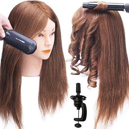 SILKY 18-22” Mannequin Head with 100% human hair #4 Dark Brown Real Hair Training Head Hairdresser Cosmetology Doll with Free Clamp Stand