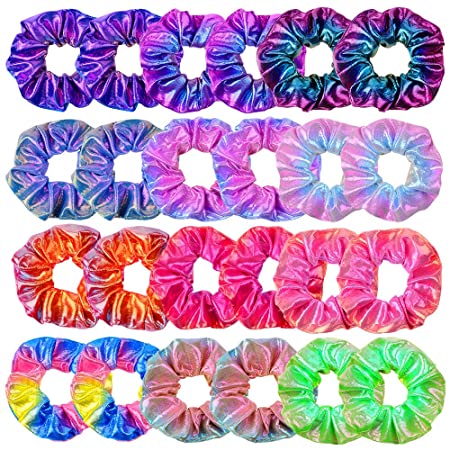 OCATO 24Pcs Hair Scrunchies for Girls Shiny Metallic Scrunchies Cute Elastic Hair Bands Scrunchy Hair Ties Ponytail Holder for Girls Women Hair Accessories with a Gift Bag for Gym Dance Party Club