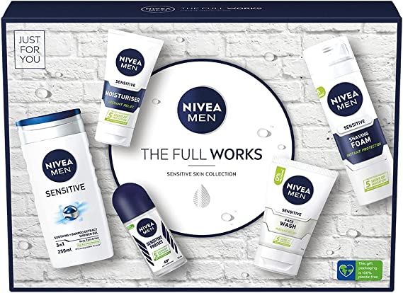 NIVEA MEN The Full Works Gift Set (5 Pieces), Men's Gift Set Includes Shower Gel, Face Wash, Moisturiser, Anti-Perspirant Roll-On, and Shaving Foam