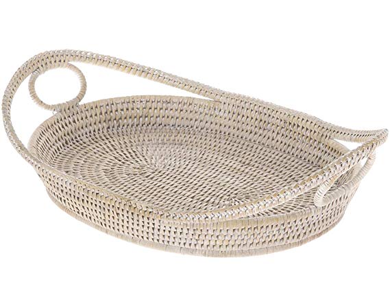 Kouboo, La Jolla Handwoven Oval Rattan Tray with Looped Handles, White Wash