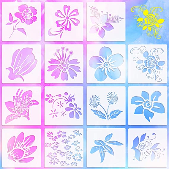 15 Pieces Spring Themed Flower Plastic Stencils Peony Flower Rose Planting Pattern Drawing Templates Stencils Reusable Craft Stencils for Painting on Walls Canvas Wood Furniture, 6 x 6 Inch