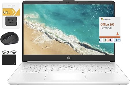 HP 2023 Newest 14" HD Ultral Light Thin Laptop, Quad-Core Intel Celeron Processor, 4GB RAM, 128GB (64GB eMMC  64GB SD), Wi-Fi, Upto 11 Hours, Windows 11 S   1 Year Office 365 HubxcelAccessory, White