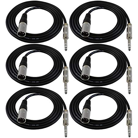 GLS Audio 6ft Patch Cable Cords - XLR Male To 1/4" TRS Black Cables - 6' Balanced Snake Cord - 6 PACK