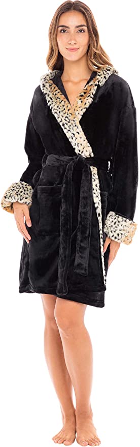 Alexander Del Rossa Women's Warm Fleece Robe with Hood, Long Faux Fur Plush Bathrobe