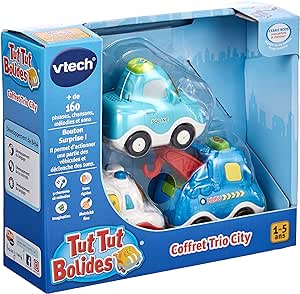 VTech - Tut Tut Bolides, Coffret Trio City, 3 Voitures Interactives, Berline, Dépanneuse et Ambulance, Jouet Musical et Sonore, Cadeau Enfant de 1 An à 5 Ans - Contenu en Français