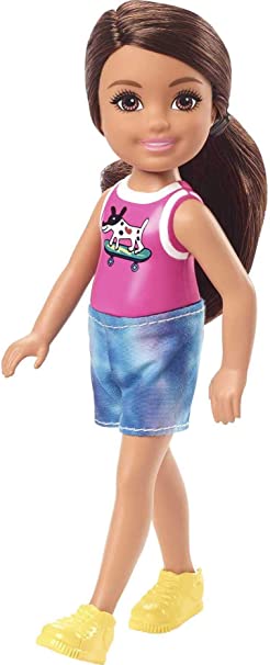 Barbie Chelsea Doll (6-inch Brunette) Wearing Sparkly Skirt, Molded Unicorn Top & Green Shoes, Gift for 3 to 7 Year Olds