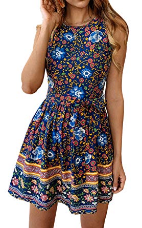 Angashion Women's O Neck Floral Print Swing Mini Dress Sleeveless Zip Up Summer Beach Dress with Belt